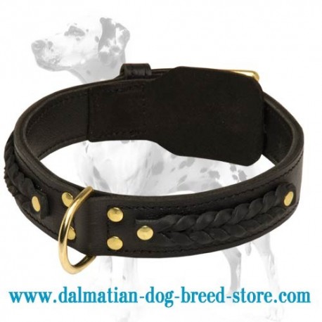 Classy Leather Dog Collar decorated with braids for Dalmatian collar