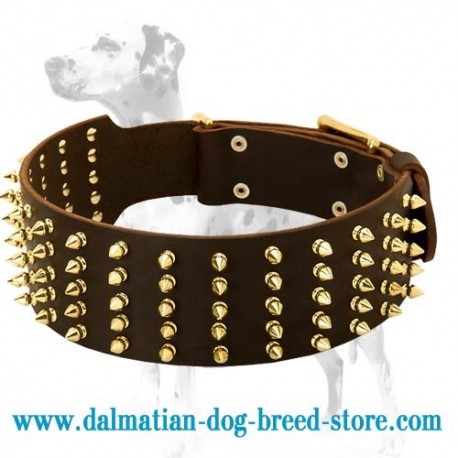 High quality wide leather dog collar with 5 rows of rust-proof brass spikes