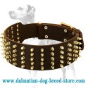 High quality wide leather dog collar with 5 rows of rust-proof brass spikes